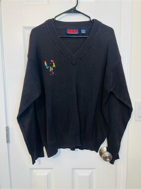 Men's Black V-Neck Sweater with Small Multicolor Embroidery